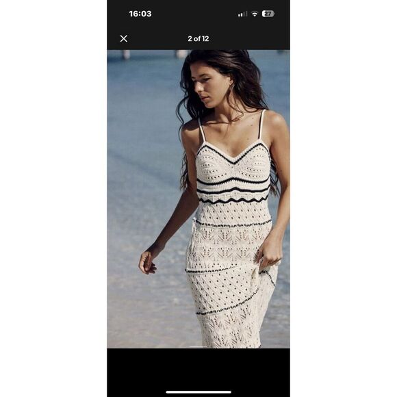 Lucky Brand SZ Large Crochet Midi Dress Ivroy and Black Bohemian Beachy Coastal - Picture 2 of 11